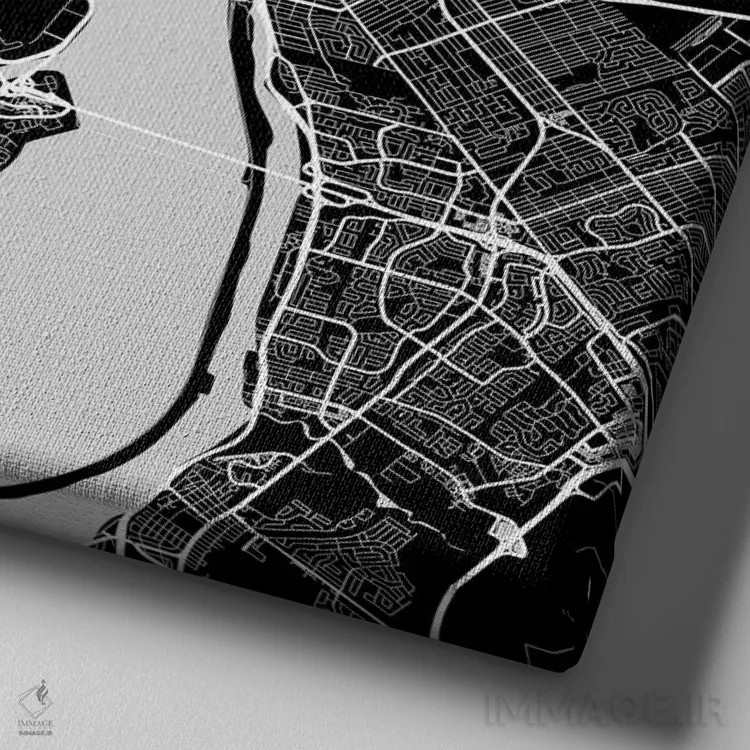 تابلو نقشه راههای شهری مونترال (سیاه) اثر اوربانمپ (نقشه شهری؛ استودیو نقشه یا طراح) - نمای نزدیک بافت بوم