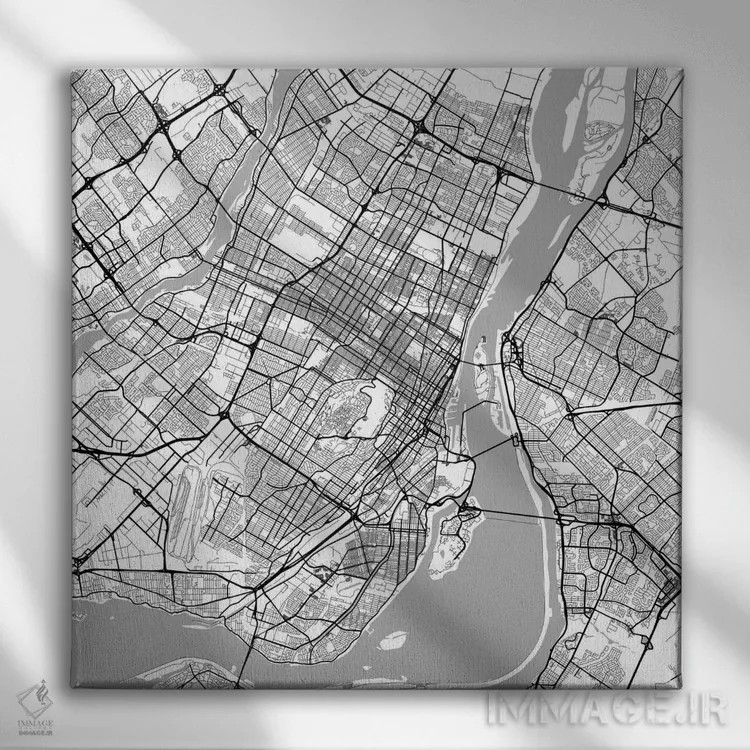 تابلو نقشه راههای شهری مونترال (سفید) اثر اوربانمپ (نقشه شهری؛ استودیو نقشه یا طراح) - نمای روبهرو روی دیوار