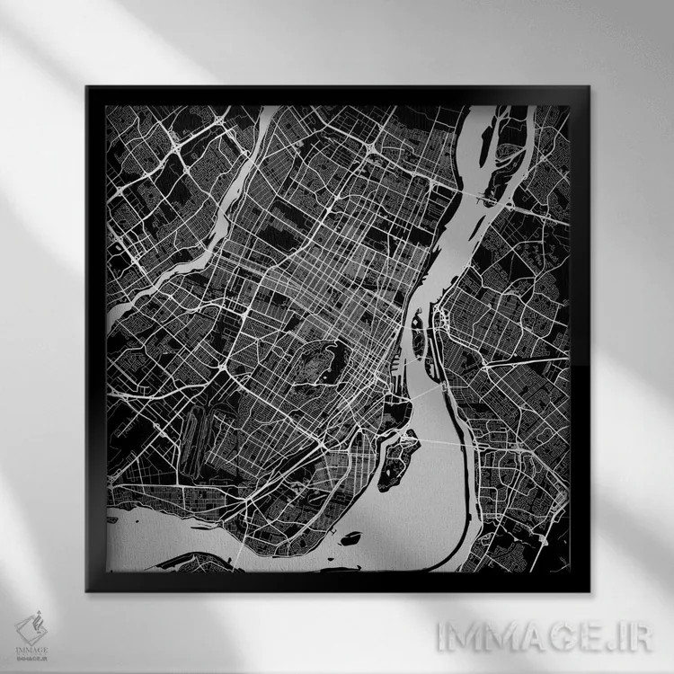 تابلو نقشه راههای شهری مونترال (سیاه) اثر اوربانمپ (نقشه شهری؛ استودیو نقشه یا طراح) - نمای قابدار مشکی