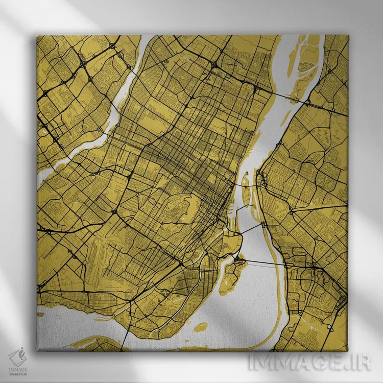 تابلو نقشه راههای شهری مونترال (زرد) اثر اوربانمپ (نقشه شهری؛ استودیو نقشه یا طراح) - نمای روبهرو روی دیوار