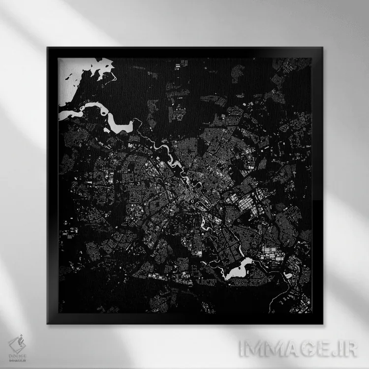 تابلو نقشه شهری مینسک (سیاه) اثر اوربانمپ (نقشه شهری؛ استودیو نقشه یا طراح) - نمای قابدار مشکی
