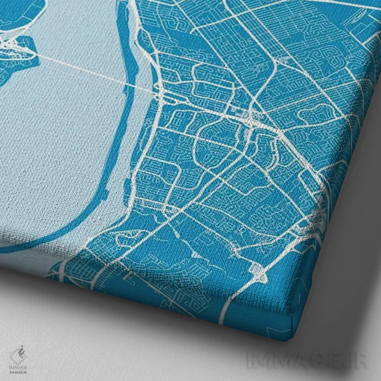 تابلو نقشه راههای شهری مونترال (آبی) اثر اوربانمپ (نقشه شهری؛ استودیو نقشه یا طراح) - نمای نزدیک بافت بوم