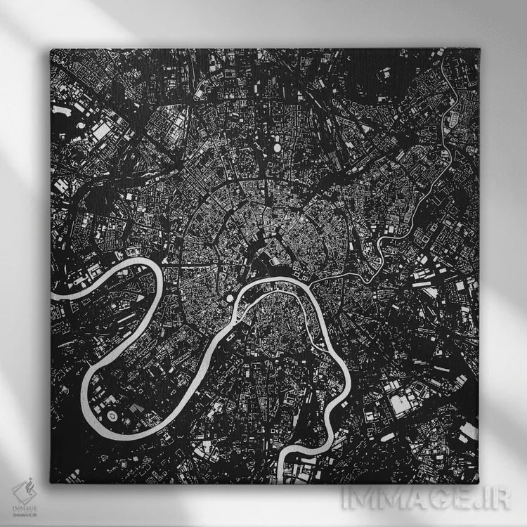 تابلو نقشه شهری مسکو (سیاه) اثر اوربانمپ (نقشه شهری؛ استودیو نقشه یا طراح) - نمای روبهرو روی دیوار