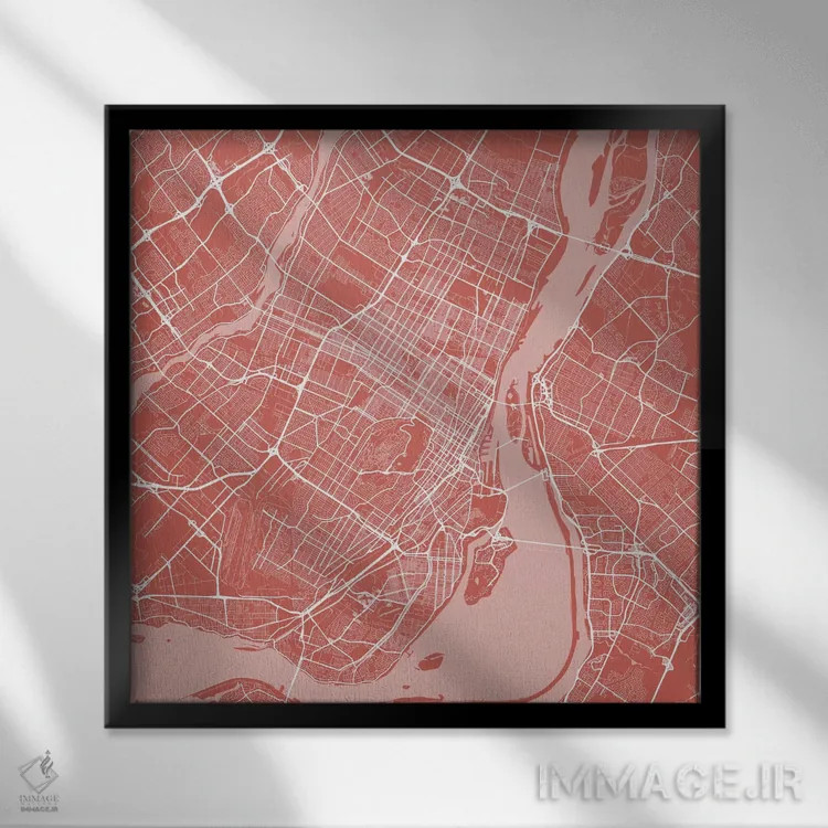 تابلو نقشه راههای شهری مونترال (صورتی) اثر اوربانمپ (نقشه شهری؛ استودیو نقشه یا طراح) - نمای قابدار مشکی