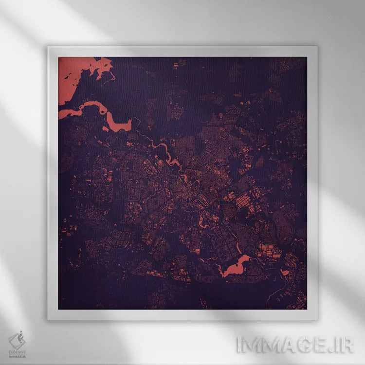 تابلو نقشه شهری مینسک (شب بنفش) اثر اوربانمپ (نقشه شهری؛ استودیو نقشه یا طراح) - نمای قابدار سفید