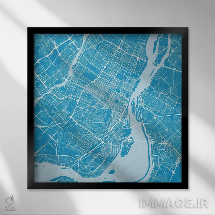 تابلو نقشه راههای شهری مونترال (آبی) اثر اوربانمپ (نقشه شهری؛ استودیو نقشه یا طراح) - نمای قابدار مشکی