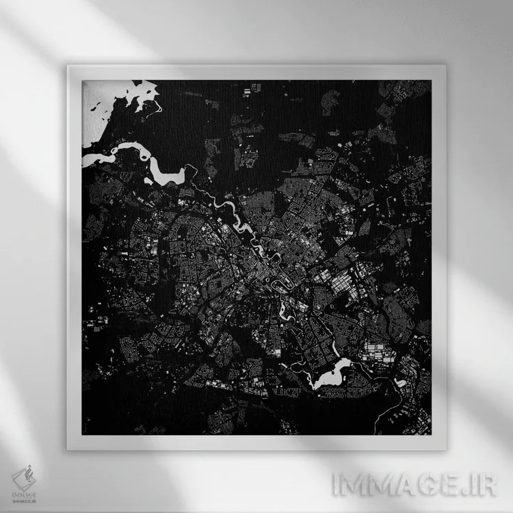 تابلو نقشه شهری مینسک (سیاه) اثر اوربانمپ (نقشه شهری؛ استودیو نقشه یا طراح) - نمای قابدار سفید