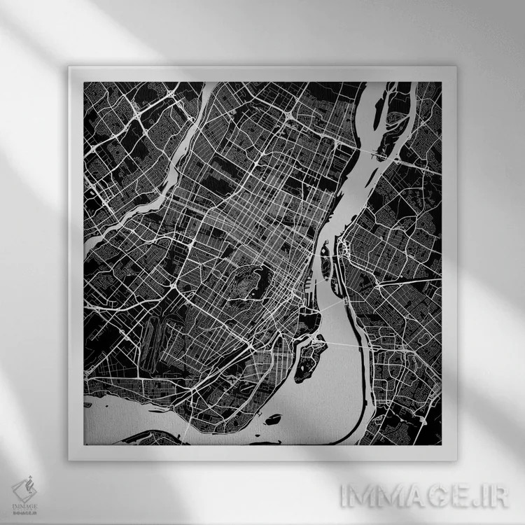 تابلو نقشه راههای شهری مونترال (سیاه) اثر اوربانمپ (نقشه شهری؛ استودیو نقشه یا طراح) - نمای قابدار سفید