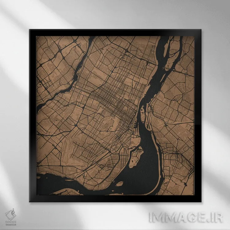 تابلو نقشه راههای شهری مونترال (طلایی) اثر اوربانمپ (نقشه شهری؛ استودیو نقشه یا طراح) - نمای قابدار مشکی