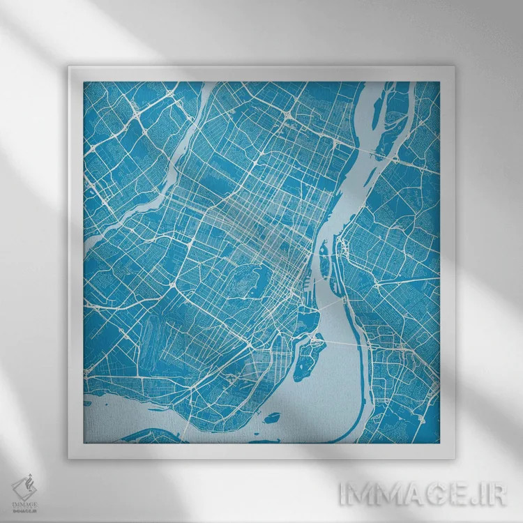تابلو نقشه راههای شهری مونترال (آبی) اثر اوربانمپ (نقشه شهری؛ استودیو نقشه یا طراح) - نمای قابدار سفید