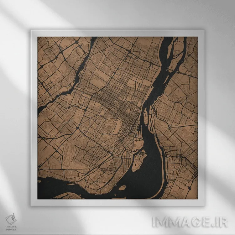 تابلو نقشه راههای شهری مونترال (طلایی) اثر اوربانمپ (نقشه شهری؛ استودیو نقشه یا طراح) - نمای قابدار سفید
