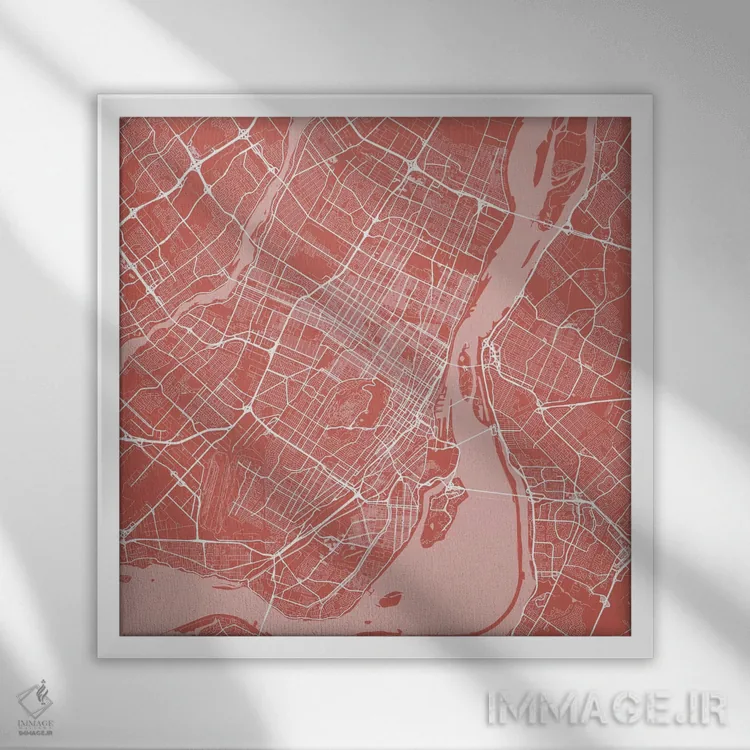 تابلو نقشه راههای شهری مونترال (صورتی) اثر اوربانمپ (نقشه شهری؛ استودیو نقشه یا طراح) - نمای قابدار سفید