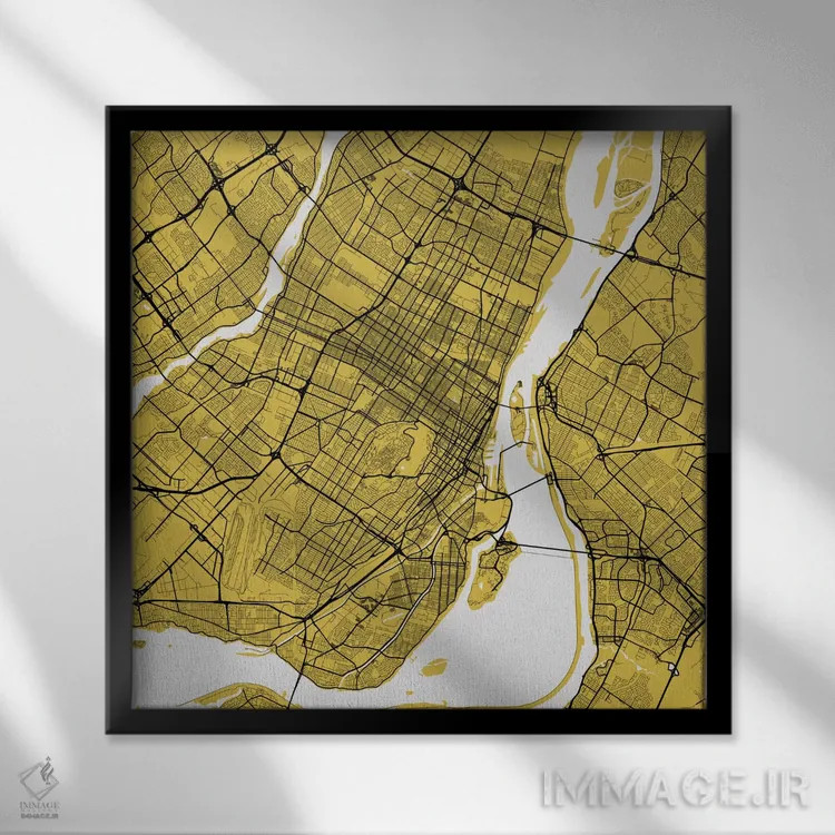تابلو نقشه راههای شهری مونترال (زرد) اثر اوربانمپ (نقشه شهری؛ استودیو نقشه یا طراح) - نمای قابدار مشکی