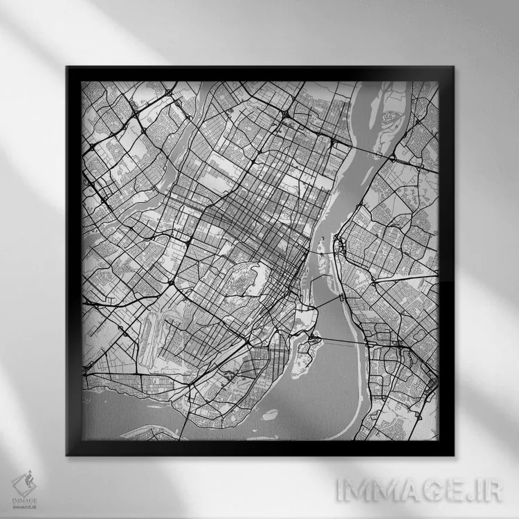 تابلو نقشه راههای شهری مونترال (سفید) اثر اوربانمپ (نقشه شهری؛ استودیو نقشه یا طراح) - نمای قابدار مشکی