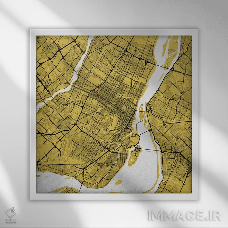 تابلو نقشه راههای شهری مونترال (زرد) اثر اوربانمپ (نقشه شهری؛ استودیو نقشه یا طراح) - نمای قابدار سفید