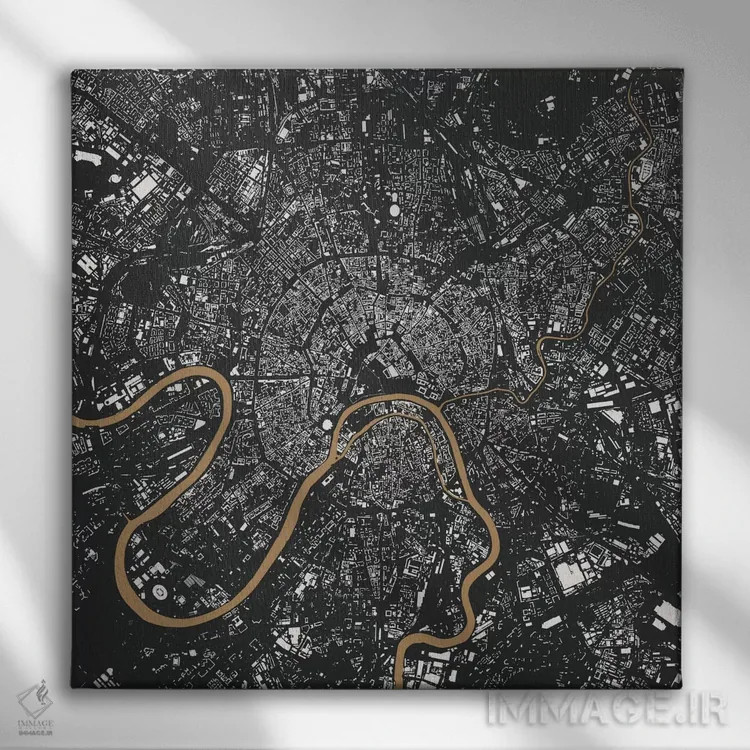 تابلو نقشه شهری مسکو (طلایی) اثر اوربانمپ (نقشه شهری؛ استودیو نقشه یا طراح) - نمای روبهرو روی دیوار