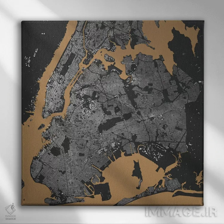 تابلو نقشه شهری نیویورک (سیاه و طلایی) اثر اوربانمپ (نقشه شهری؛ استودیو نقشه یا طراح) - نمای روبهرو روی دیوار
