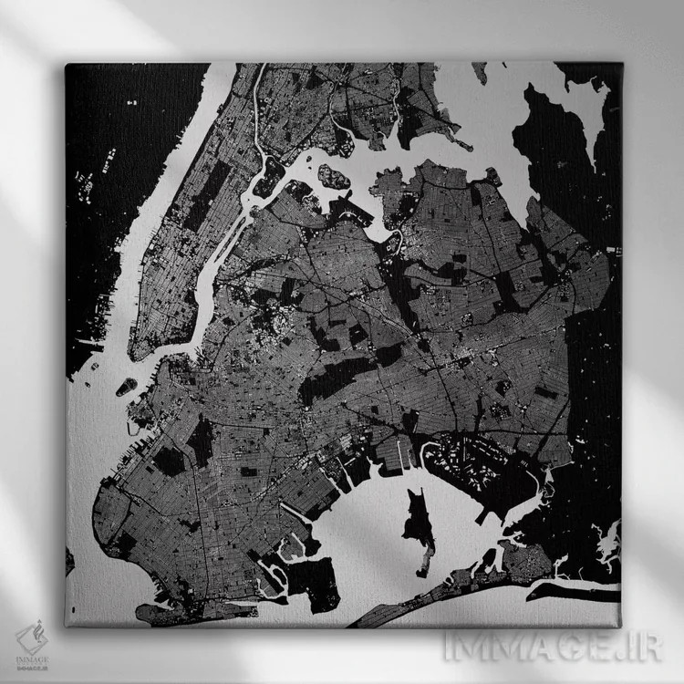 تابلو نقشه شهری نیویورک (سیاه) اثر اوربانمپ (نقشه شهری؛ استودیو نقشه یا طراح) - نمای روبهرو روی دیوار