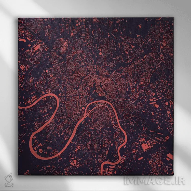 تابلو نقشه شهری مسکو (شب بنفش) اثر اوربانمپ (نقشه شهری؛ استودیو نقشه یا طراح) - نمای روبهرو روی دیوار