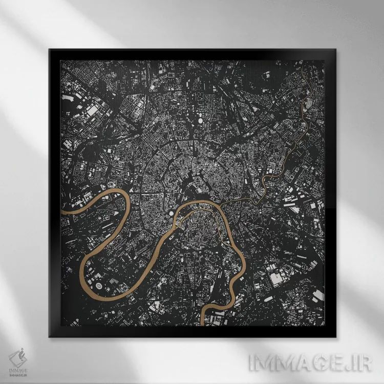 تابلو نقشه شهری مسکو (طلایی) اثر اوربانمپ (نقشه شهری؛ استودیو نقشه یا طراح) - نمای قابدار مشکی
