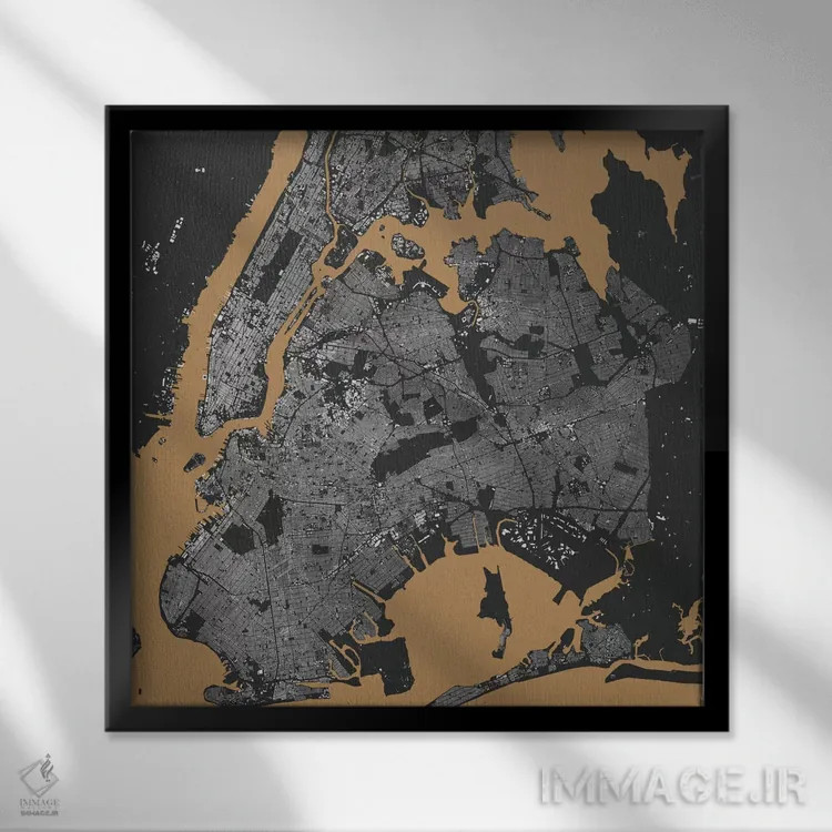 تابلو نقشه شهری نیویورک (سیاه و طلایی) اثر اوربانمپ (نقشه شهری؛ استودیو نقشه یا طراح) - نمای قابدار مشکی