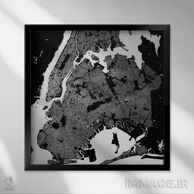 تابلو نقشه شهری نیویورک (سیاه) اثر اوربانمپ (نقشه شهری؛ استودیو نقشه یا طراح) - نمای قابدار مشکی