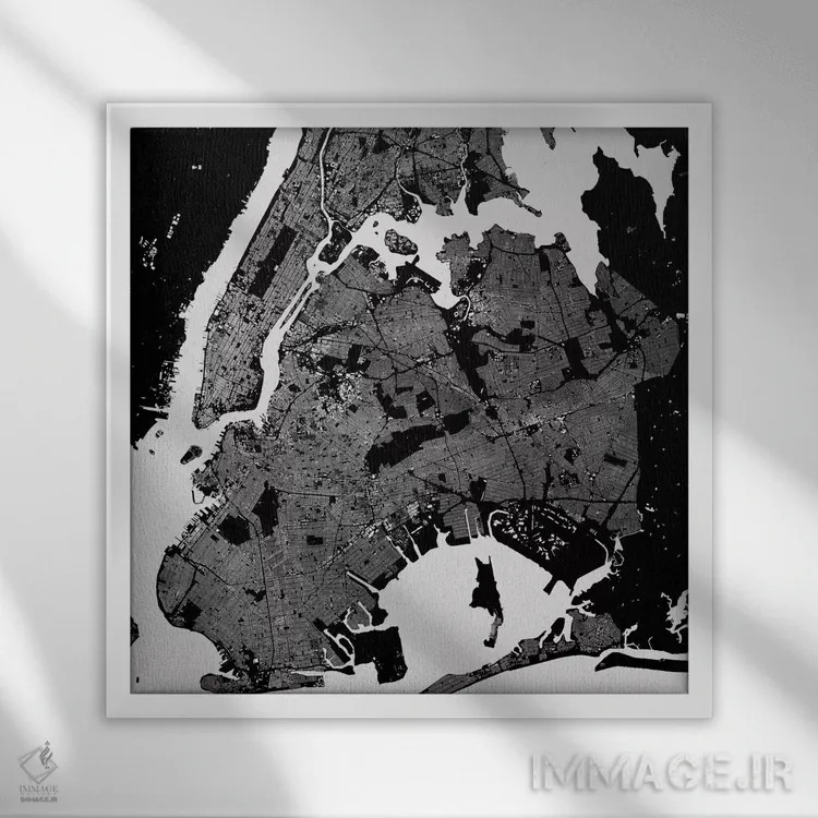 تابلو نقشه شهری نیویورک (سیاه) اثر اوربانمپ (نقشه شهری؛ استودیو نقشه یا طراح) - نمای قابدار سفید