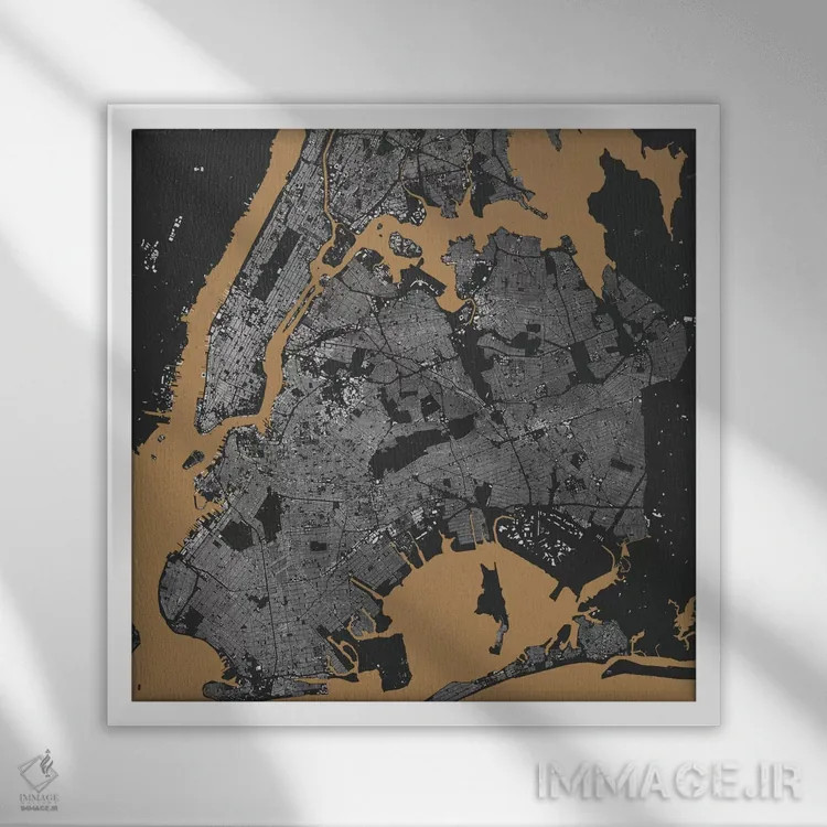 تابلو نقشه شهری نیویورک (سیاه و طلایی) اثر اوربانمپ (نقشه شهری؛ استودیو نقشه یا طراح) - نمای قابدار سفید