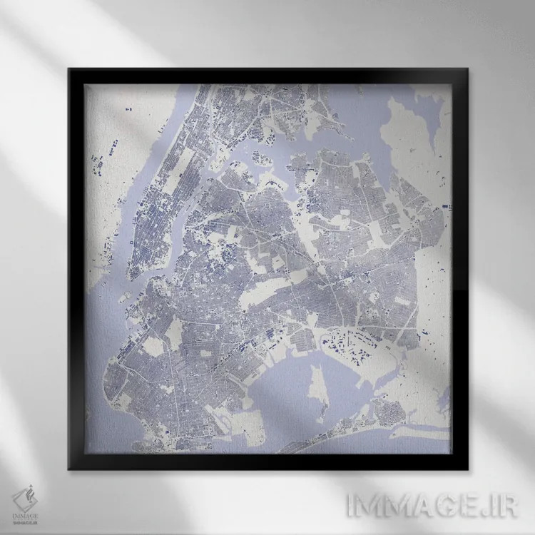 تابلو نقشه شهری نیویورک (آبی) اثر اوربانمپ (نقشه شهری؛ استودیو نقشه یا طراح) - نمای قابدار مشکی