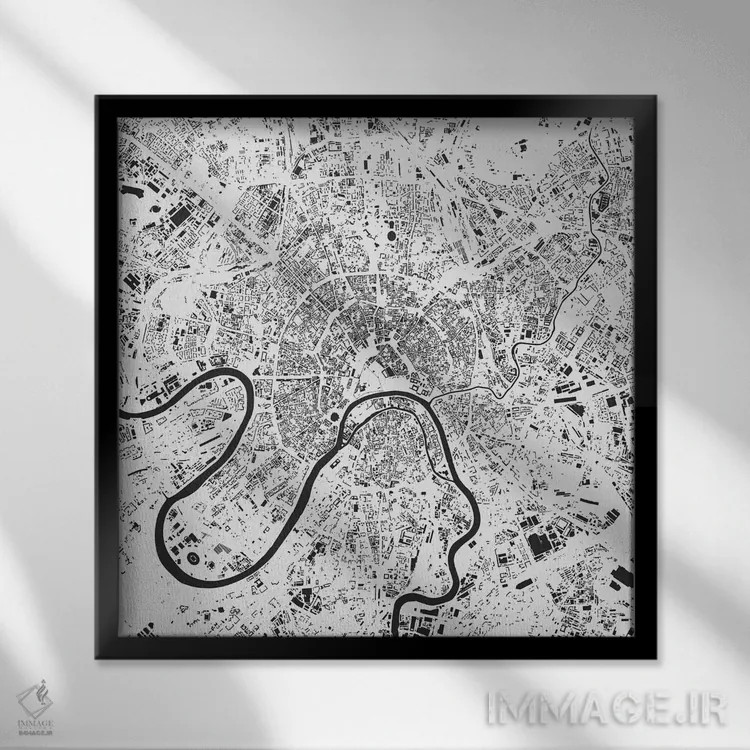 تابلو نقشه شهری مسکو (سفید) اثر اوربانمپ (نقشه شهری؛ استودیو نقشه یا طراح) - نمای قابدار مشکی