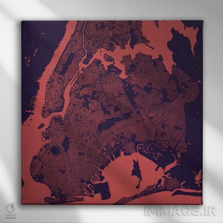 تابلو نقشه شهری نیویورک (شب بنفش) اثر اوربانمپ (نقشه شهری؛ استودیو نقشه یا طراح) - نمای روبهرو روی دیوار