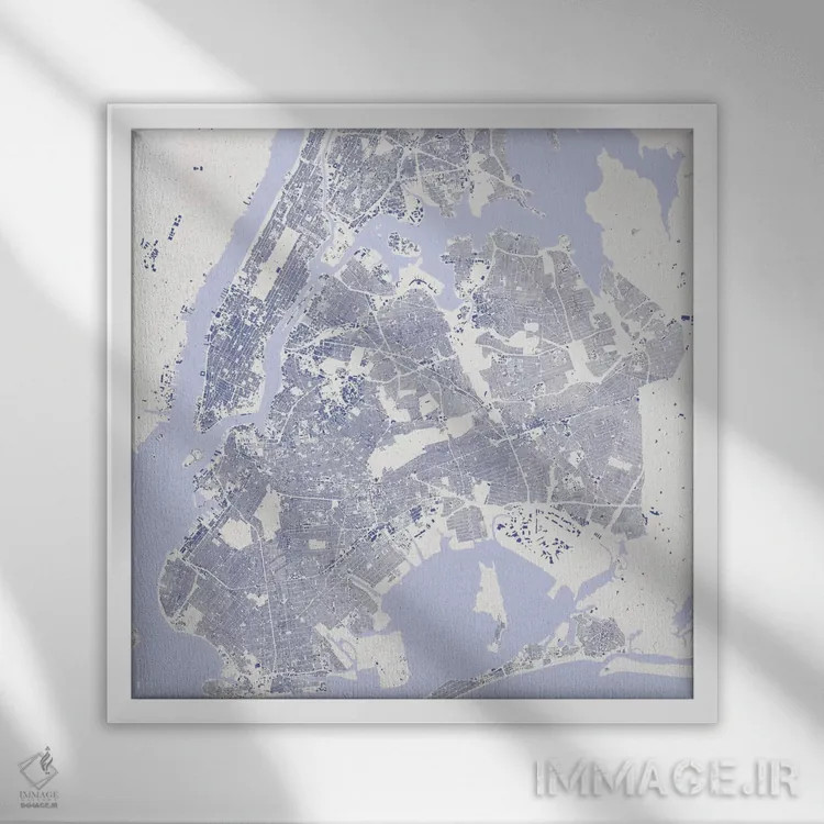 تابلو نقشه شهری نیویورک (آبی) اثر اوربانمپ (نقشه شهری؛ استودیو نقشه یا طراح) - نمای قابدار سفید
