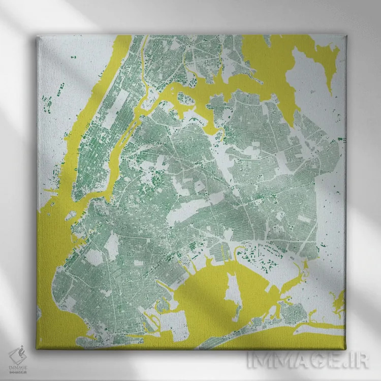 تابلو نقشه شهری نیویورک (سبز) اثر اوربانمپ (نقشه شهری؛ استودیو نقشه یا طراح) - نمای روبهرو روی دیوار
