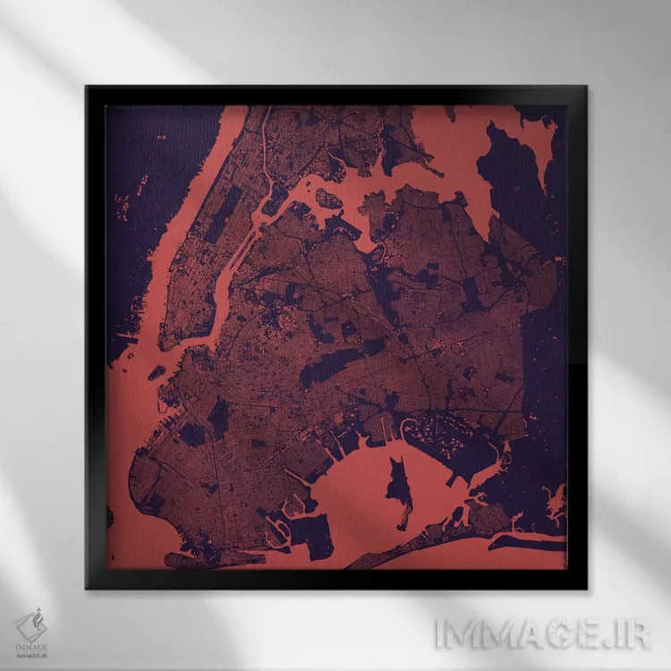 تابلو نقشه شهری نیویورک (شب بنفش) اثر اوربانمپ (نقشه شهری؛ استودیو نقشه یا طراح) - نمای قابدار مشکی