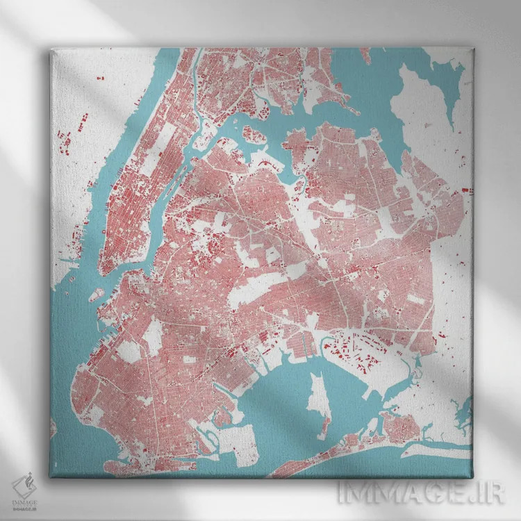 تابلو نقشه شهری نیویورک (قرمز) اثر اوربانمپ (نقشه شهری؛ استودیو نقشه یا طراح) - نمای روبهرو روی دیوار
