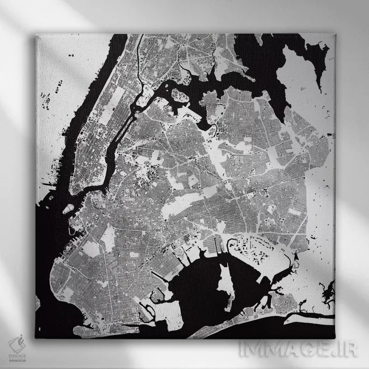 تابلو نقشه شهری نیویورک (سفید) اثر اوربانمپ (نقشه شهری؛ استودیو نقشه یا طراح) - نمای روبهرو روی دیوار