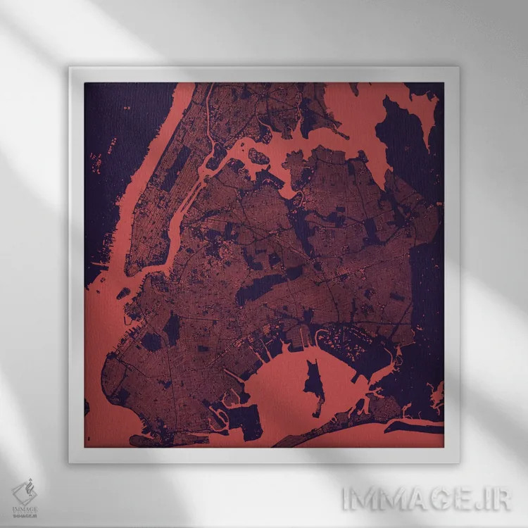 تابلو نقشه شهری نیویورک (شب بنفش) اثر اوربانمپ (نقشه شهری؛ استودیو نقشه یا طراح) - نمای قابدار سفید