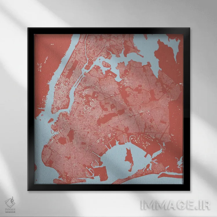 تابلو نقشه شهری نیویورک (صورتی) اثر اوربانمپ (نقشه شهری؛ استودیو نقشه یا طراح) - نمای قابدار مشکی