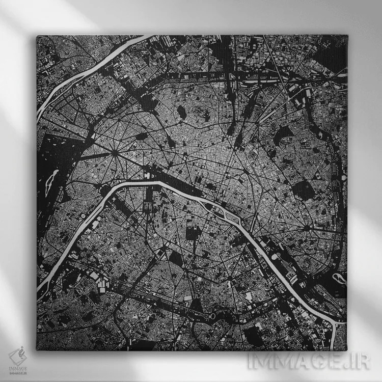 تابلو نقشه شهری پاریس (سیاه) اثر اوربانمپ (نقشه شهری؛ استودیو نقشه یا طراح) - نمای روبهرو روی دیوار