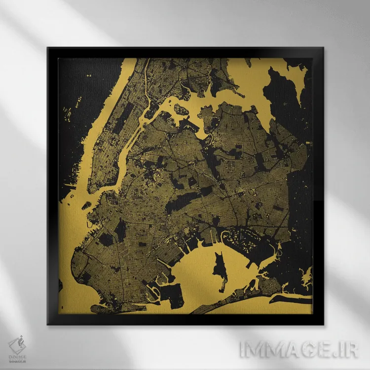 تابلو نقشه شهری نیویورک (زرد) اثر اوربانمپ (نقشه شهری؛ استودیو نقشه یا طراح) - نمای قابدار مشکی