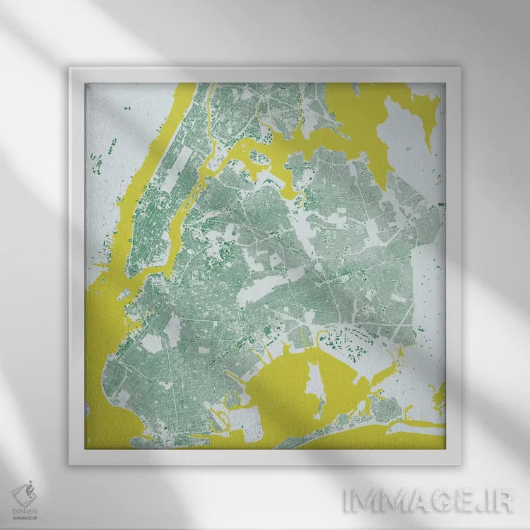 تابلو نقشه شهری نیویورک (سبز) اثر اوربانمپ (نقشه شهری؛ استودیو نقشه یا طراح) - نمای قابدار سفید