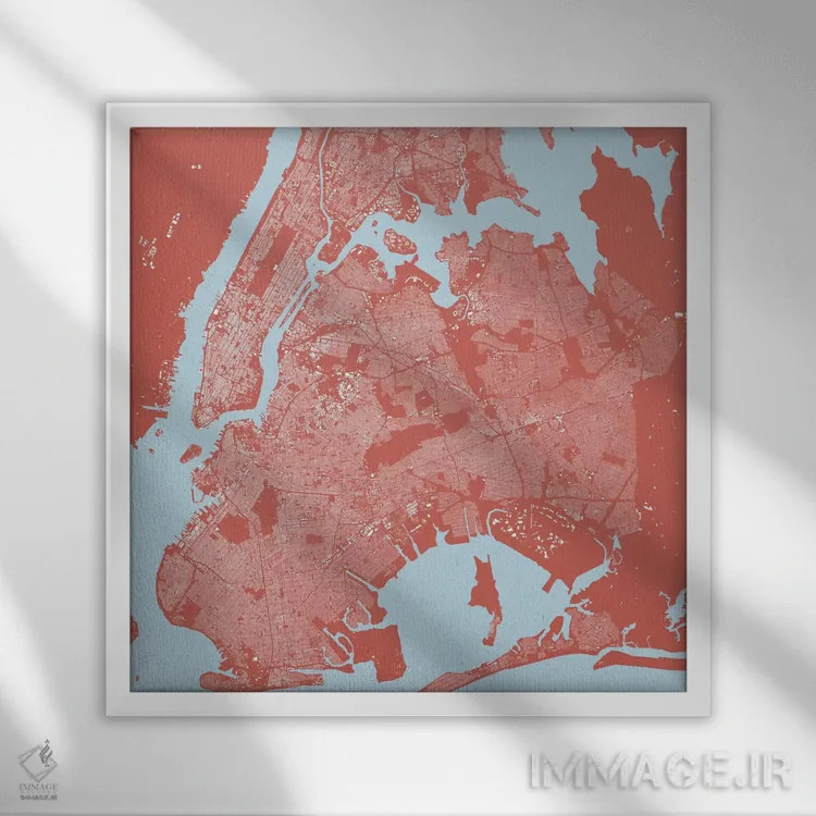 تابلو نقشه شهری نیویورک (صورتی) اثر اوربانمپ (نقشه شهری؛ استودیو نقشه یا طراح) - نمای قابدار سفید