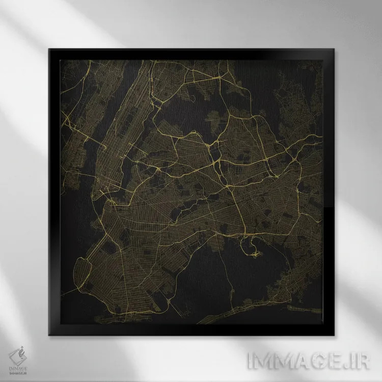 تابلو نقشه راههای شهری نیویورک (زرد) اثر اوربانمپ (نقشه شهری؛ استودیو نقشه یا طراح) - نمای قابدار مشکی