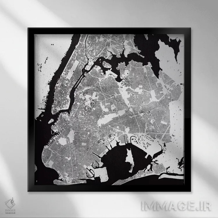 تابلو نقشه شهری نیویورک (سفید) اثر اوربانمپ (نقشه شهری؛ استودیو نقشه یا طراح) - نمای قابدار مشکی