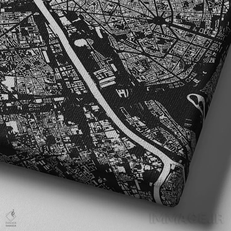 تابلو نقشه شهری پاریس (سیاه) اثر اوربانمپ (نقشه شهری؛ استودیو نقشه یا طراح) - نمای نزدیک بافت بوم