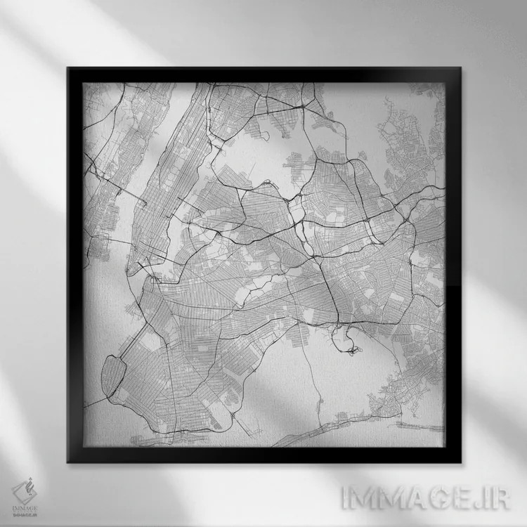 تابلو نقشه راههای شهری نیویورک (سفید) اثر اوربانمپ (نقشه شهری؛ استودیو نقشه یا طراح) - نمای قابدار مشکی