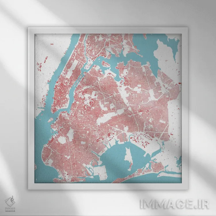 تابلو نقشه شهری نیویورک (قرمز) اثر اوربانمپ (نقشه شهری؛ استودیو نقشه یا طراح) - نمای قابدار سفید