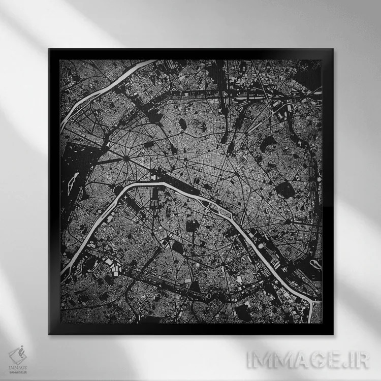 تابلو نقشه شهری پاریس (سیاه) اثر اوربانمپ (نقشه شهری؛ استودیو نقشه یا طراح) - نمای قابدار مشکی