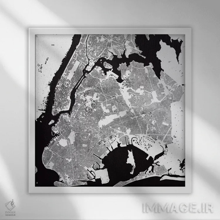 تابلو نقشه شهری نیویورک (سفید) اثر اوربانمپ (نقشه شهری؛ استودیو نقشه یا طراح) - نمای قابدار سفید
