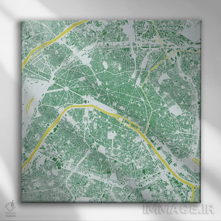 تابلو نقشه شهری پاریس (سبز) اثر اوربانمپ (نقشه شهری؛ استودیو نقشه یا طراح) - نمای روبهرو روی دیوار